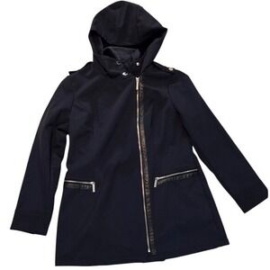 Michael‎ Kors Black Hooded Softshell Coat Faux Leather Trim Women's Size L